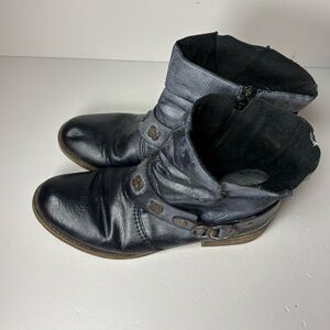 Rieker Blue Leather Ankle Boots with Strap Accents